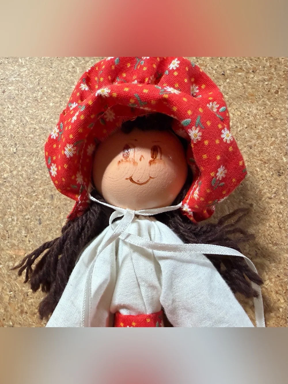 Vintage Polish Wooden Peg Doll Girl Floral Dress Folk Art